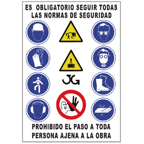Cartel combinado con diversos pictogramas para usos específicos. Cartel indicativo de medidas de seguridad laboral en una obra.