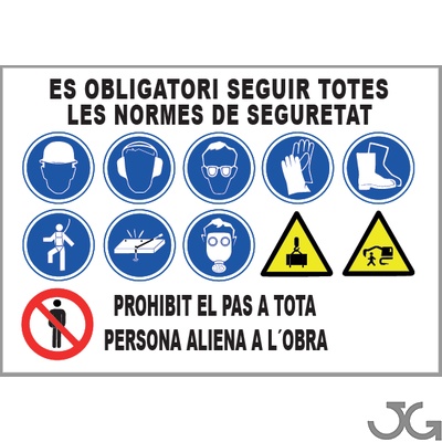 Carteles con diversos pictogramas para usos específicos. Es obligatorio seguir todas las normas de seguridad. Señales Glasspack en castellano y catalán. Senyal Glasspack català.