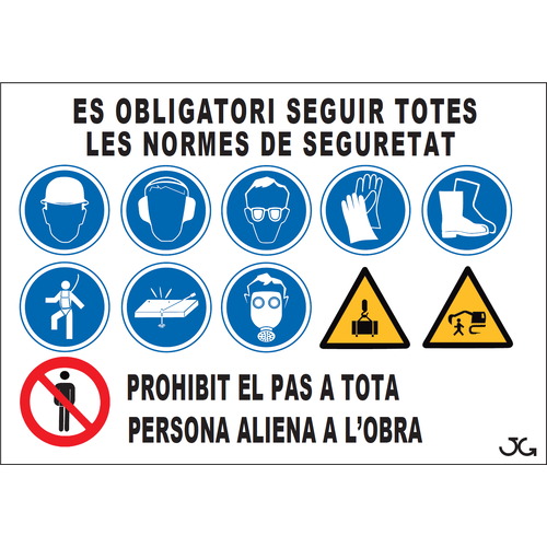 Cartel combinado con diversos pictogramas para usos específicos. Es obligatorio seguir todas las normas de seguridad. Señales Glasspack en castellano y catalán. Senyal Glasspack català.