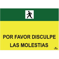 Cartelería para obras  Carteles polipropileno amarillo "Rogamos disculpen las molestias", varios idiomas de 70x50cm