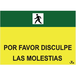 Cartelería para obras  Carteles polipropileno amarillo "Rogamos disculpen las molestias", varios idiomas de 70x50cm