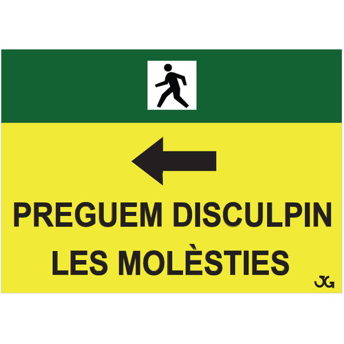 Señal de obra de advertencia para peatones. Carteles fabricados en polipropileno con 4 ojales de 70x50cm. Disponible en Español, Catalá, Euskera y Gallego