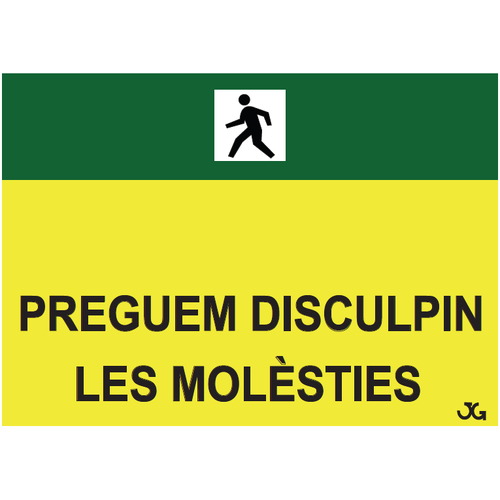 Señal de obra de advertencia para peatones. Carteles fabricados en polipropileno con 4 ojales de 70x50cm. Disponible en Español, Catalá, Euskera y Gallego