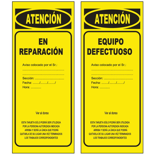 Tarjetas de señalización especial a doble cara para el control de instalaciones, maquinas, andamios y otras utilidades. Señales de seguridad