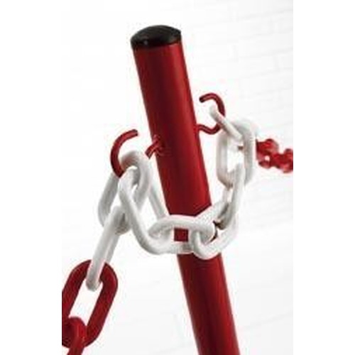 Postes metálicos de balizamiento con base circular metálica, fabricados en bandas blancas y rojas o amarillas y negras. Ligeros, con 2 argollas para enganche de cadena con base pesada.