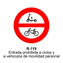 R-119 Entrada prohibida a ciclos y a vehículos de movilidad personal<p class="new_señal">NUEVA</p> Señales DEFINITIVAS ( Fondo blanco )