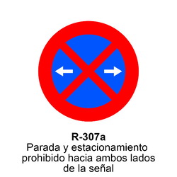 R-307a  Parada y estacionamiento prohibido a ambos lados de la señal  <p class="new_señal"> NUEVA </p> Señales DEFINITIVAS ( Fondo blanco )