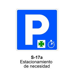 S-17a Estacionamiento de necesidad <p class="new_señal"> NUEVA </p> Indicaciones generales cuadradas
