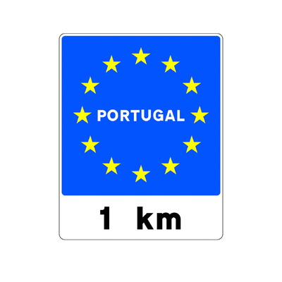 Señal Confirmación del país. Indica el nombre del país hacia el que se dirige la carretera. La cifra en la parte inferior indica la distancia a que se encuentra la frontera.