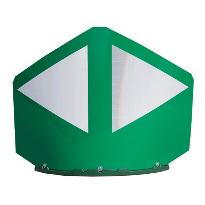 Baliza divergente de 2 piezas para separación de carriles. Hito de Vértice Compuesto de 170cm, pantalla verde o azul. Obispo compuesto por base y pantalla recambiables. Dimensiones: 1700x500x1240mm