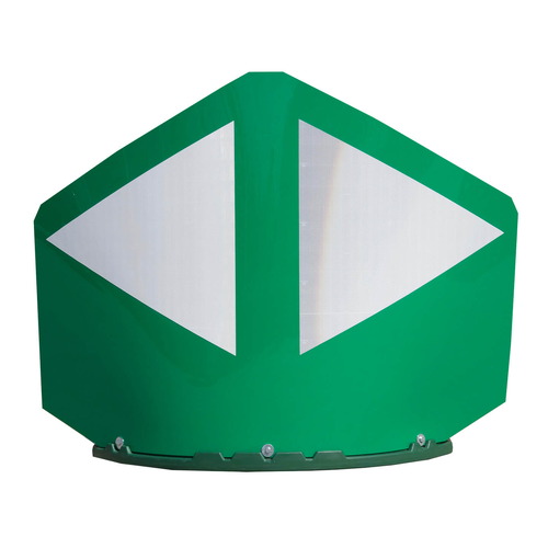 Baliza divergente de 2 piezas para separación de carriles. Hito de Vértice Compuesto de 170cm, pantalla verde o azul. Obispo compuesto por base y pantalla recambiables. Dimensiones: 1700x500x1240mm
