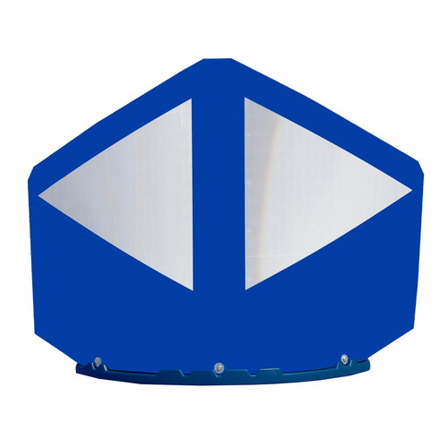 Baliza divergente de 2 piezas para separación de carriles. Hito de Vértice Compuesto de 170cm, pantalla verde o azul. Obispo compuesto por base y pantalla recambiables. Dimensiones: 1700x500x1240mm