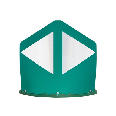 Baliza divergente de 2 piezas para separación de carriles. Hito de Vértice Compuesto de 120cm, pantalla verde o azul. Obispo compuesto por base y pantalla recambiables. Dimensiones: 1200x500x1240mm