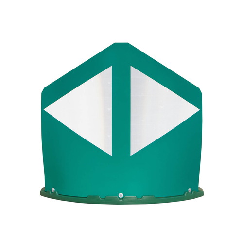 Baliza divergente de 2 piezas para separación de carriles. Hito de Vértice Compuesto de 120cm, pantalla verde o azul. Obispo compuesto por base y pantalla recambiables. Dimensiones: 1200x500x1240mm