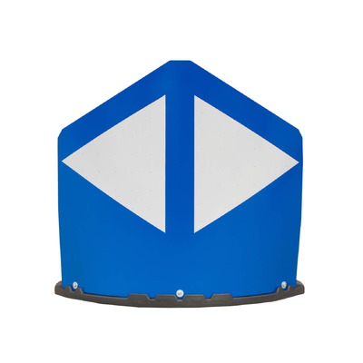 Baliza divergente de 2 piezas para separación de carriles. Hito de Vértice Compuesto de 120cm, pantalla verde o azul. Obispo compuesto por base y pantalla recambiables. Dimensiones: 1200x500x1240mm