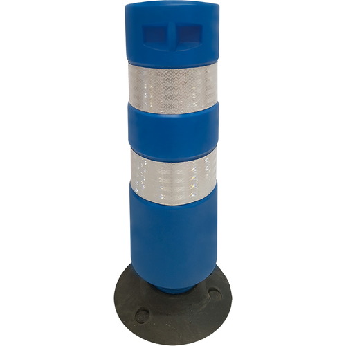 Baliza H75 base desmontable 75cm. Hito cilíndrico de señalización carretera. Fabricada en Polietileno (plástico) especial que les confiere unas propiedades flexibles. Revestido con 2 bandas Reflex HI de 10cm. Colores: rojo, verde, azul. Base de goma.