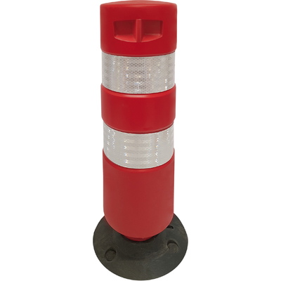 Baliza H75 cilíndrica base desmontable Baliza H75 base desmontable 75cm. Hito cilíndrico de señalización carretera. Fabricada en Polietileno (plástico) especial que les confiere unas propiedades flexibles. Revestido con 2 bandas Reflex HI de 10cm. Colores: rojo, verde, azul. Base de goma.