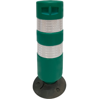 Baliza H75 cilíndrica base desmontable Baliza H75 base desmontable 75cm. Hito cilíndrico de señalización carretera. Fabricada en Polietileno (plástico) especial que les confiere unas propiedades flexibles. Revestido con 2 bandas Reflex HI de 10cm. Colores: rojo, verde, azul. Base de goma.