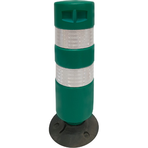 Baliza H75 base desmontable 75cm. Hito cilíndrico de señalización carretera. Fabricada en Polietileno (plástico) especial que les confiere unas propiedades flexibles. Revestido con 2 bandas Reflex HI de 10cm. Colores: rojo, verde, azul. Base de goma.
