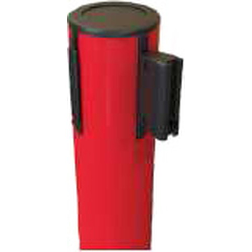 Poste separador con base cuadrada dotada con caucho para proteger el suelo de rayaduras. Medidas 380x380x13mm con un tubo de  Ø70x1,8mm. Altura total de 860mm y longitud de cinta de 3m, dotada de sistema de frenado lento para asegurar la máxima seguridad
