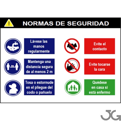 Cartel informativo de Normas de seguridad ante Coronavirus, COVID-19. Cartel horizontal con 6 pictogramas