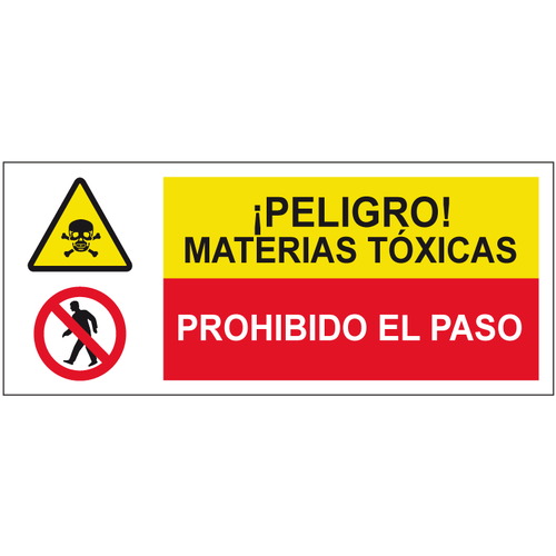 Cartelería señales combinadas de advertencia y obligación, advertencia y prohibición. Señales para señalar riesgos complejos. Disponibles en poliestireno blanco de 1mm, vinilo adhesivo y aluminio blanco de 0,8mm. Medidas: 210x290mm, 300x400mm, 400x600mm.