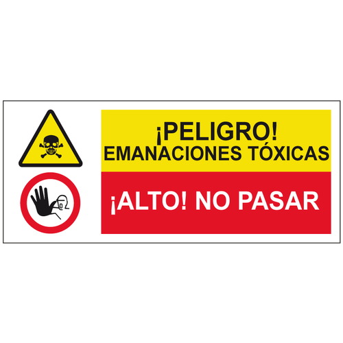 Cartelería señales combinadas de advertencia y obligación, advertencia y prohibición. Señales para señalar riesgos complejos. Disponibles en poliestireno blanco de 1mm, vinilo adhesivo y aluminio blanco de 0,8mm. Medidas: 210x290mm, 300x400mm, 400x600mm.