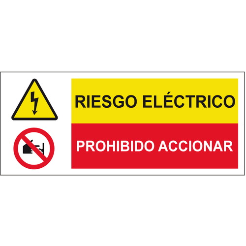 Cartelería señales combinadas de advertencia y obligación, advertencia y prohibición. Señales para señalar riesgos complejos. Disponibles en poliestireno blanco de 1mm, vinilo adhesivo y aluminio blanco de 0,8mm. Medidas: 210x290mm, 300x400mm, 400x600mm.