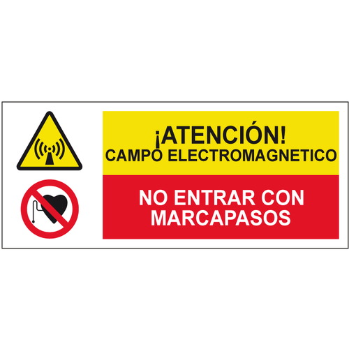 Cartelería señales combinadas de advertencia y obligación, advertencia y prohibición. Señales para señalar riesgos complejos. Disponibles en poliestireno blanco de 1mm, vinilo adhesivo y aluminio blanco de 0,8mm. Medidas: 210x290mm, 300x400mm, 400x600mm.