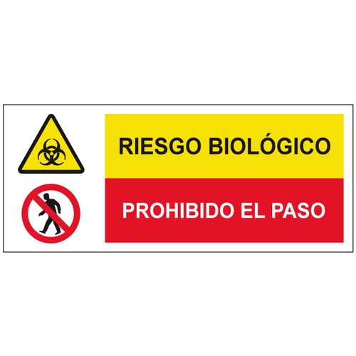 Cartelería señales combinadas de advertencia y obligación, advertencia y prohibición. Señales para señalar riesgos complejos. Disponibles en poliestireno blanco de 1mm, vinilo adhesivo y aluminio blanco de 0,8mm. Medidas: 210x290mm, 300x400mm, 400x600mm.