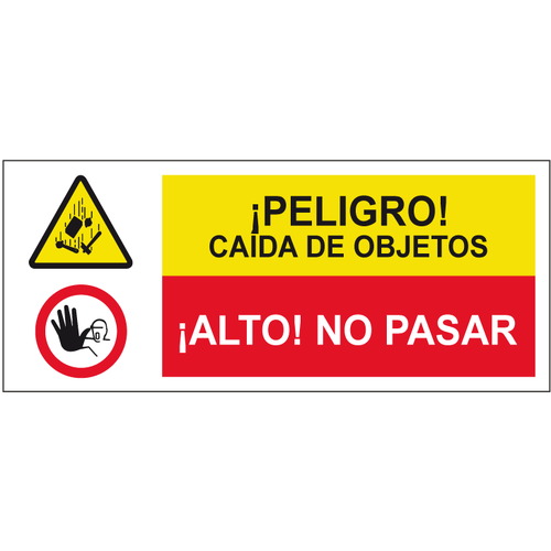 Cartelería señales combinadas de advertencia y obligación, advertencia y prohibición. Señales para señalar riesgos complejos. Disponibles en poliestireno blanco de 1mm, vinilo adhesivo y aluminio blanco de 0,8mm. Medidas: 210x290mm, 300x400mm, 400x600mm.