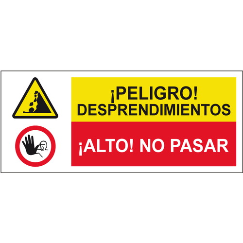 Cartelería señales combinadas de advertencia y obligación, advertencia y prohibición. Señales para señalar riesgos complejos. Disponibles en poliestireno blanco de 1mm, vinilo adhesivo y aluminio blanco de 0,8mm. Medidas: 210x290mm, 300x400mm, 400x600mm.