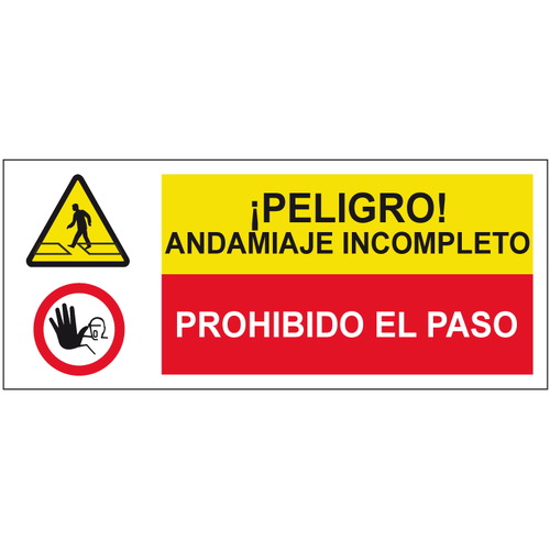 Cartelería señales combinadas de advertencia y obligación, advertencia y prohibición. Señales para señalar riesgos complejos. Disponibles en poliestireno blanco de 1mm, vinilo adhesivo y aluminio blanco de 0,8mm. Medidas: 210x290mm, 300x400mm, 400x600mm.