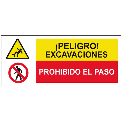Cartelería señales combinadas de advertencia y obligación, advertencia y prohibición. Señales para señalar riesgos complejos. Disponibles en poliestireno blanco de 1mm, vinilo adhesivo y aluminio blanco de 0,8mm. Medidas: 210x290mm, 300x400mm, 400x600mm.