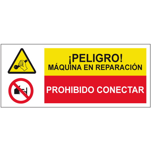 Cartelería señales combinadas de advertencia y obligación, advertencia y prohibición. Señales para señalar riesgos complejos. Disponibles en poliestireno blanco de 1mm, vinilo adhesivo y aluminio blanco de 0,8mm. Medidas: 210x290mm, 300x400mm, 400x600mm.