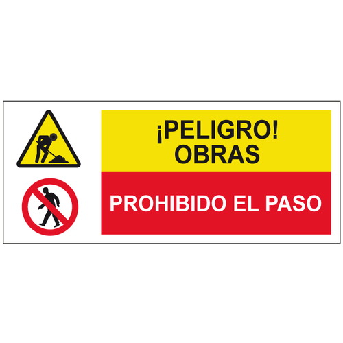 Cartelería señales combinadas de advertencia y obligación, advertencia y prohibición. Señales para señalar riesgos complejos. Disponibles en poliestireno blanco de 1mm, vinilo adhesivo y aluminio blanco de 0,8mm. Medidas: 210x290mm, 300x400mm, 400x600mm.