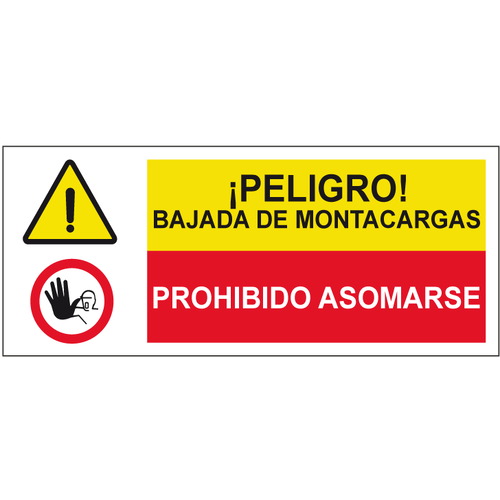 Cartelería señales combinadas de advertencia y obligación, advertencia y prohibición. Señales para señalar riesgos complejos. Disponibles en poliestireno blanco de 1mm, vinilo adhesivo y aluminio blanco de 0,8mm. Medidas: 210x290mm, 300x400mm, 400x600mm.