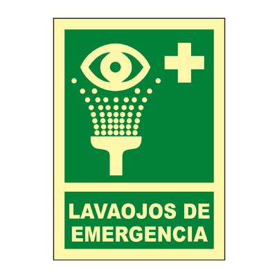 Señales verticales de evacuación, salvamento y socorro fotoluminiscentes. Advierten del lugar donde se encuentran las salidas de emergencia, lavabos, duchas de descontaminación, primeros auxilios, etc.