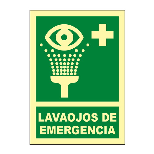 Señales verticales de evacuación, salvamento y socorro fotoluminiscentes. Advierten del lugar donde se encuentran las salidas de emergencia, lavabos, duchas de descontaminación, primeros auxilios, etc.