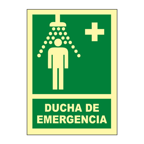 Señales verticales de evacuación, salvamento y socorro fotoluminiscentes. Advierten del lugar donde se encuentran las salidas de emergencia, lavabos, duchas de descontaminación, primeros auxilios, etc.