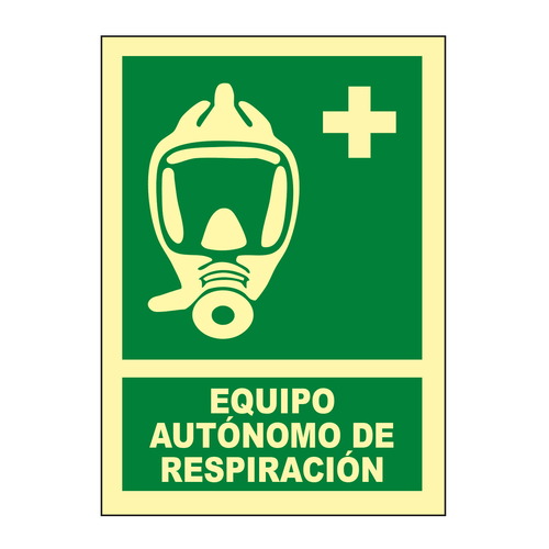 Señales verticales de evacuación, salvamento y socorro fotoluminiscentes. Advierten del lugar donde se encuentran las salidas de emergencia, lavabos, duchas de descontaminación, primeros auxilios, etc.