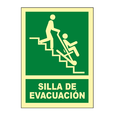Señales verticales de evacuación, salvamento y socorro fotoluminiscentes. Advierten del lugar donde se encuentran las salidas de emergencia, lavabos, duchas de descontaminación, primeros auxilios, etc.