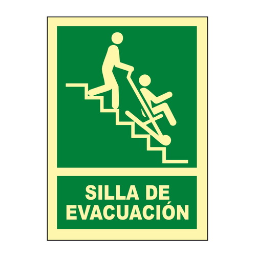 Señales verticales de evacuación, salvamento y socorro fotoluminiscentes. Advierten del lugar donde se encuentran las salidas de emergencia, lavabos, duchas de descontaminación, primeros auxilios, etc.