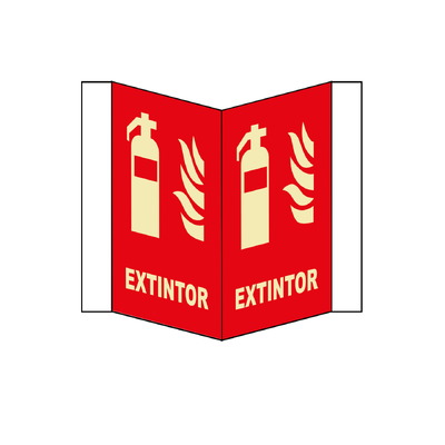 Señales fotoluminiscentes en tríptico de indicación de elementos contra incendio o emergencia.