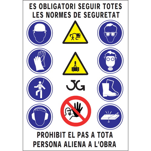 Cartel combinado con diversos pictogramas para usos específicos. Cartel indicativo de medidas de seguridad laboral en una obra.