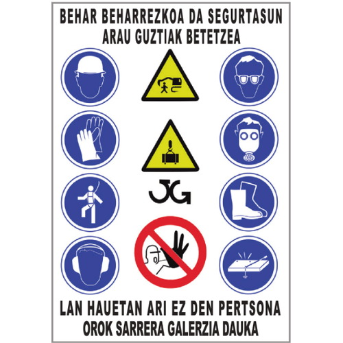 Cartel combinado con diversos pictogramas para usos específicos. Cartel indicativo de medidas de seguridad laboral en una obra.
