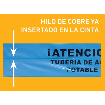 Cinta 30cm x 250m Señalización subterránea ATENCIÓN Tubería de agua. Galga 300 con hilo de cobre