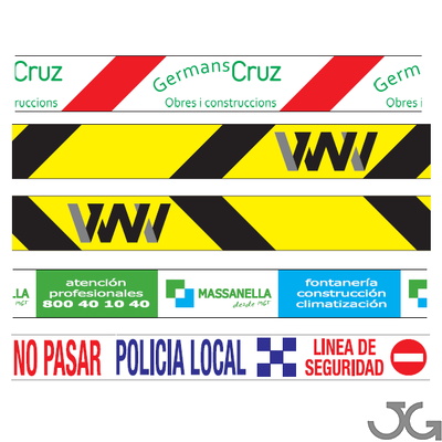 Cintas de balizamiento o señalización personalizada, 1 cara 1 color, detrás en fondo blanco. Con el anagrama o texto que elijas.