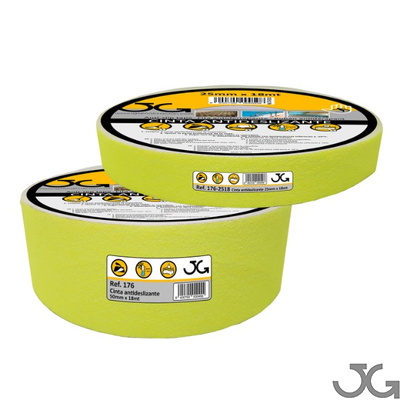 Cinta adhesiva antideslizante fluorescente amarilla de 25mm x 18m y 50mm x 18m Cinta antideslizante fluorescente amarilla con base autoadhesiva adecuada para la aplicación en superficies lisas. Disponibles en medidas de 50mm x 18m y 25mm x 18m