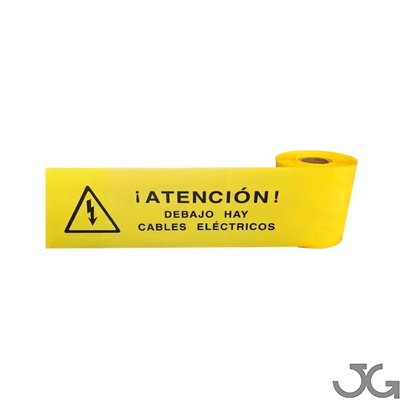 111 Cinta señalización ATENCIÓN DEBAJO HAY CABLES ELÉCTRICOS. Cinta 15cm x 200m. Galga 300 Cinta para señalización subterránea de cables eléctricos. Cinta amarilla 15cm x 200m Galga 300. Cinta señalizacion para cables enterrados. Cinta de balizar de tipo LÁMINA impresa en NEGRO y por una cara